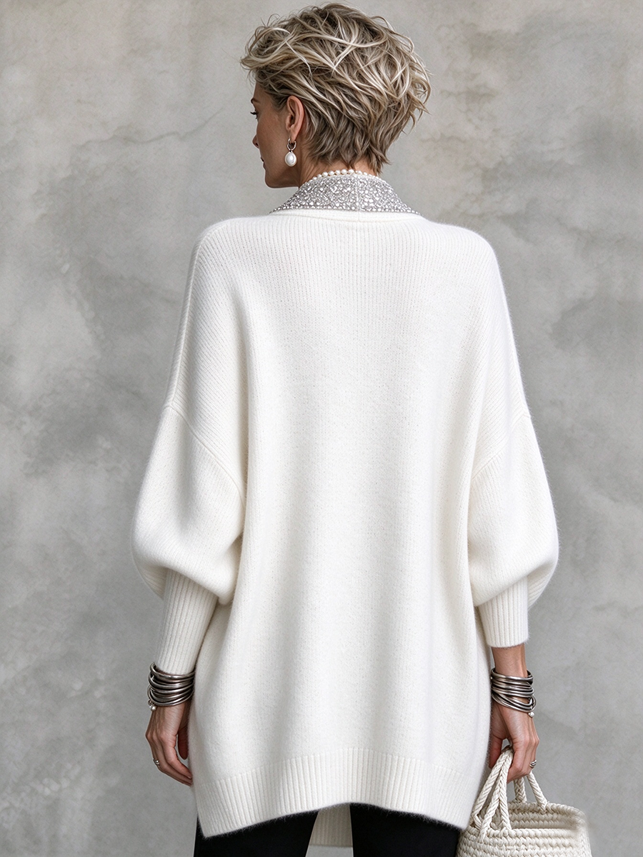 Gemütlicher, luxuriöser, übergroßer Strick-Cardigan mit Paillettenbesatz
