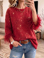 Women's Casual Loose-fit Knit Top With Faux Mink Fur Panel Crew Neck, And 3/4 Sleeves