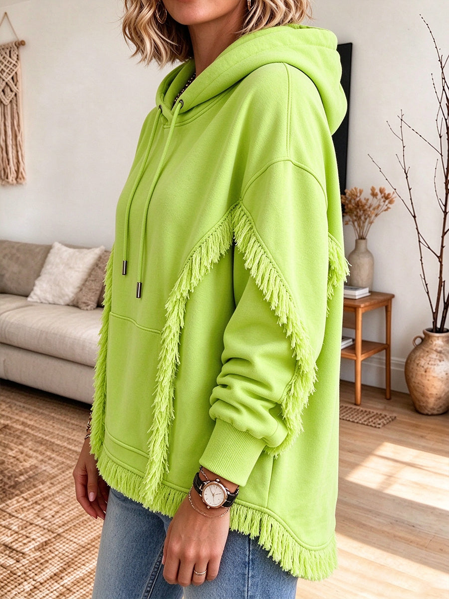 Oversized, lässiger, neongrüner Kapuzenpullover mit Fransen