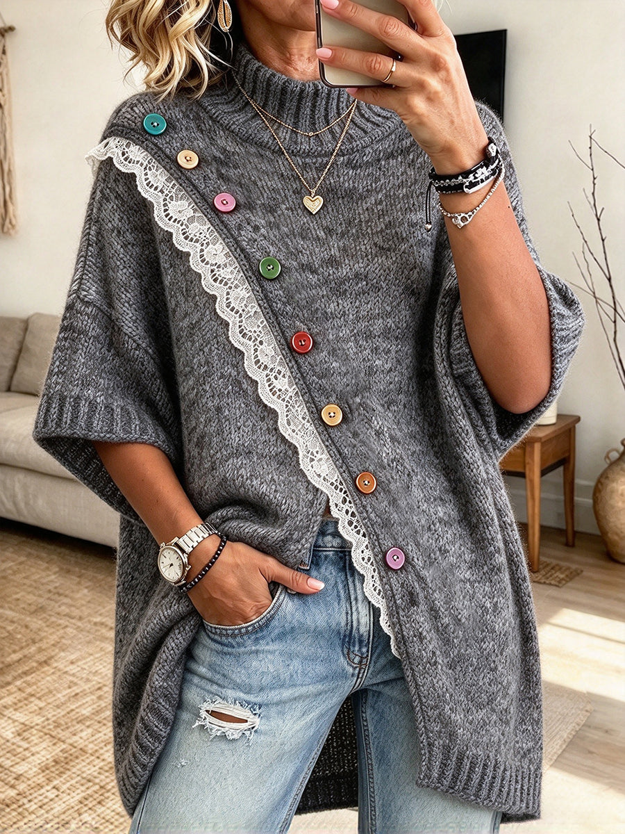 Top chic in maglia lunga con finiture in pizzo e dettagli multibottone (multicolore)