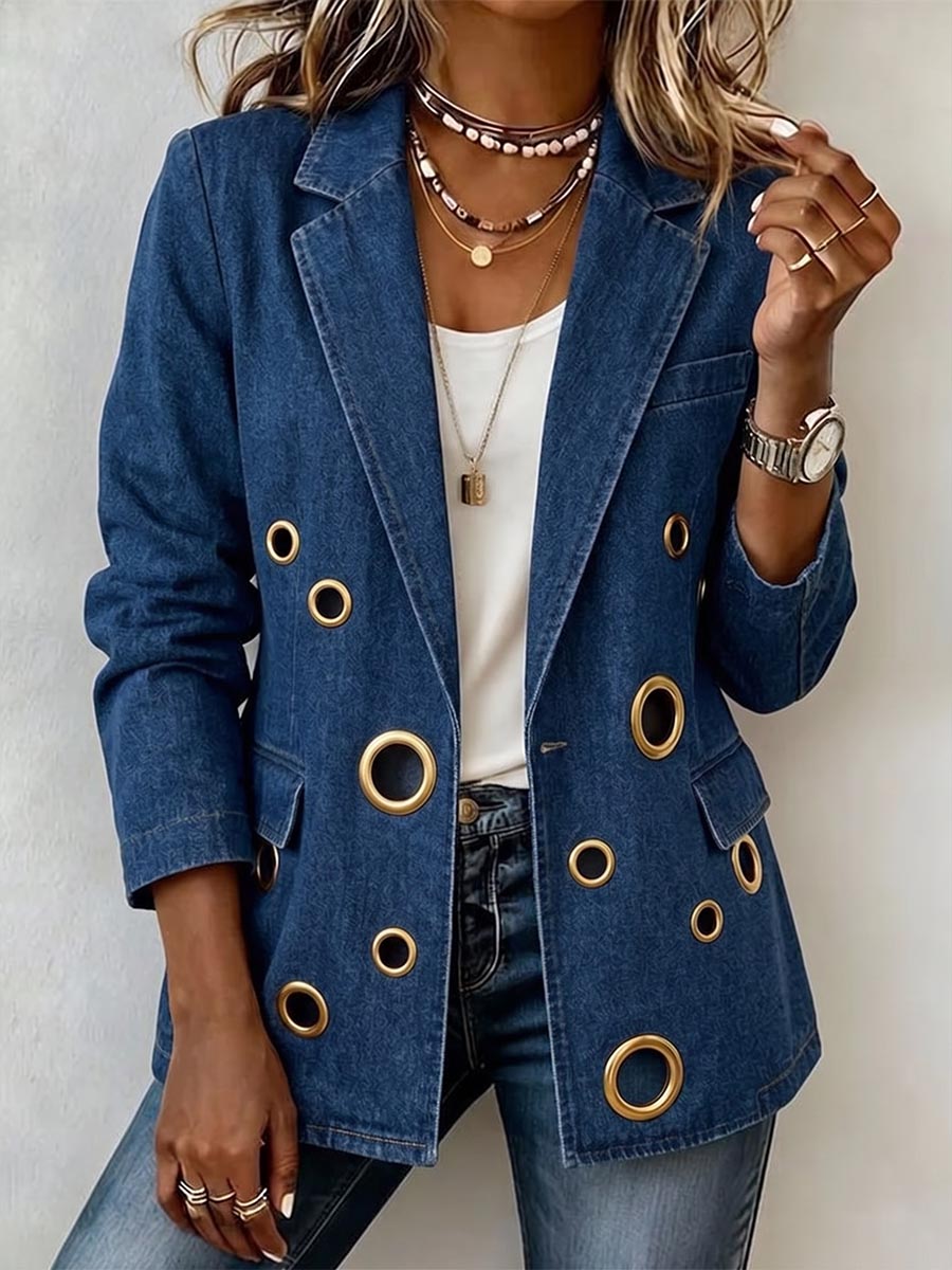 Women's Collared Long-sleeved Casual Loose Round Metal Cutout Denim Jacket
