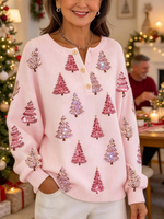 Suéter de punto con diseño de árbol de Navidad rosa, elegante y acogedor
