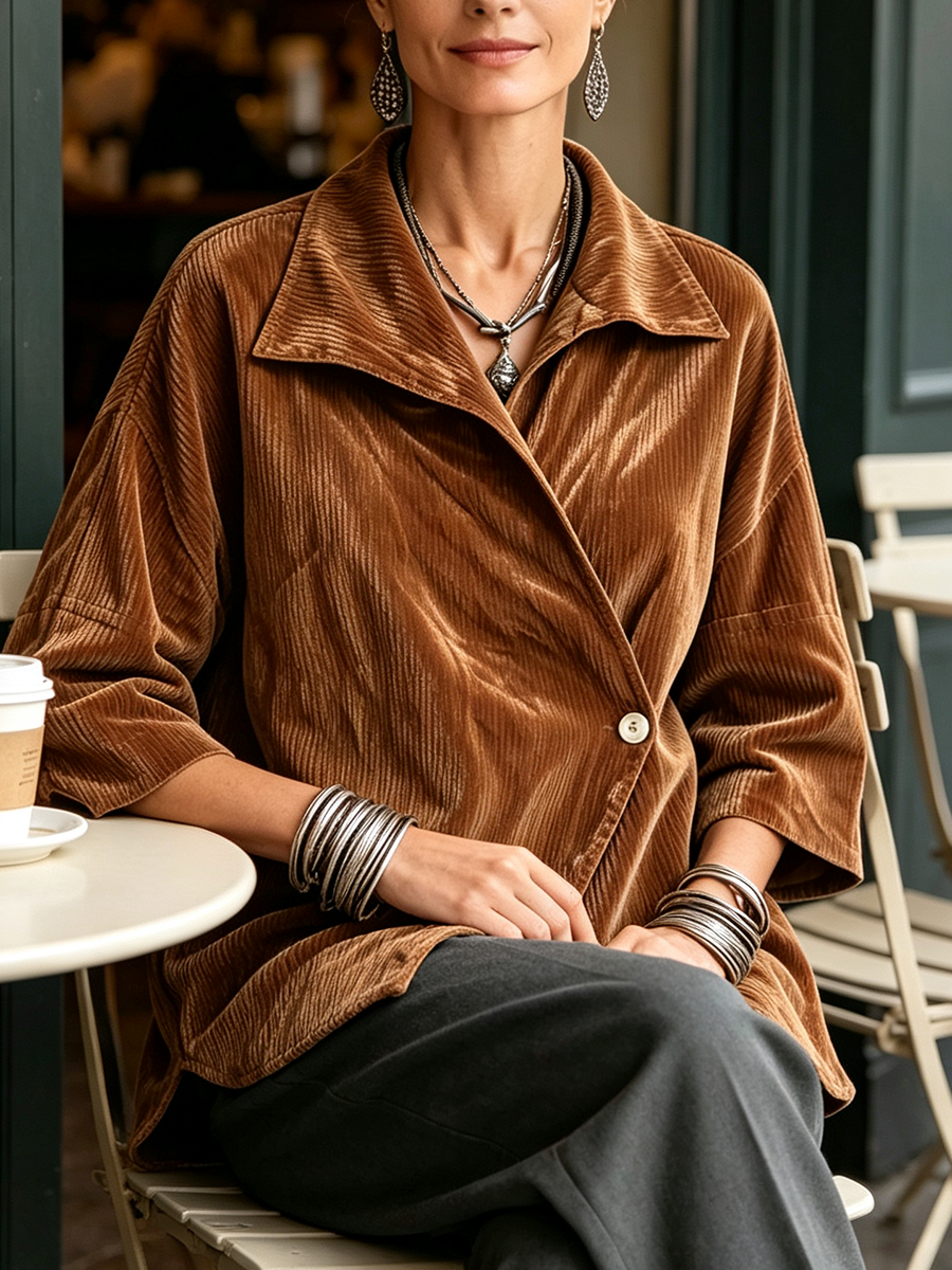 Cozy Relaxed Asymmetrical Cut Corduroy Blouse