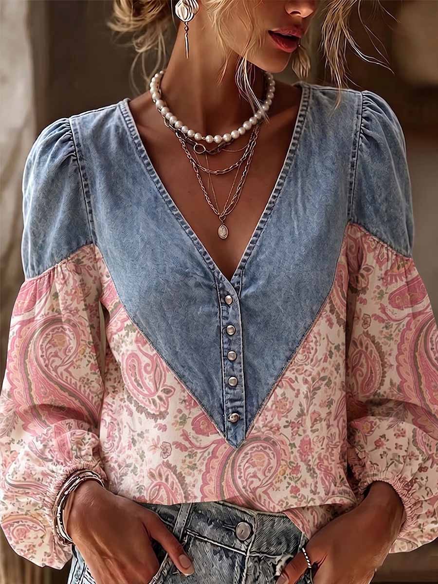 Women's V-neck Long-sleeved Casual Loose Denim Patchwork Retro Print Cotton And Linen Top