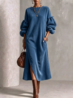 Corduroy Maxi Skirt With Crew Neck, Lantern Sleeves, And Side Slit