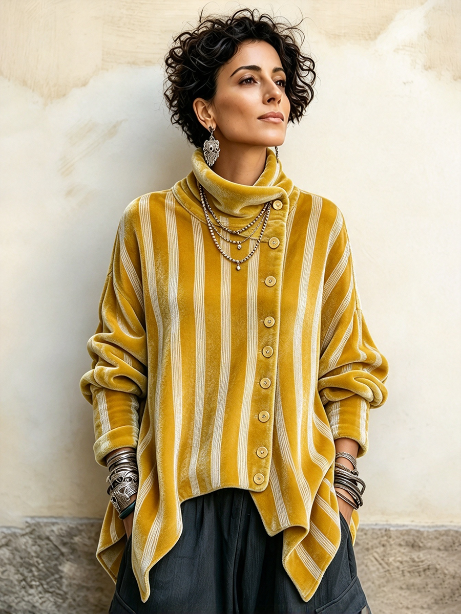 Top in velluto con bottoni asimmetrici a righe chic
