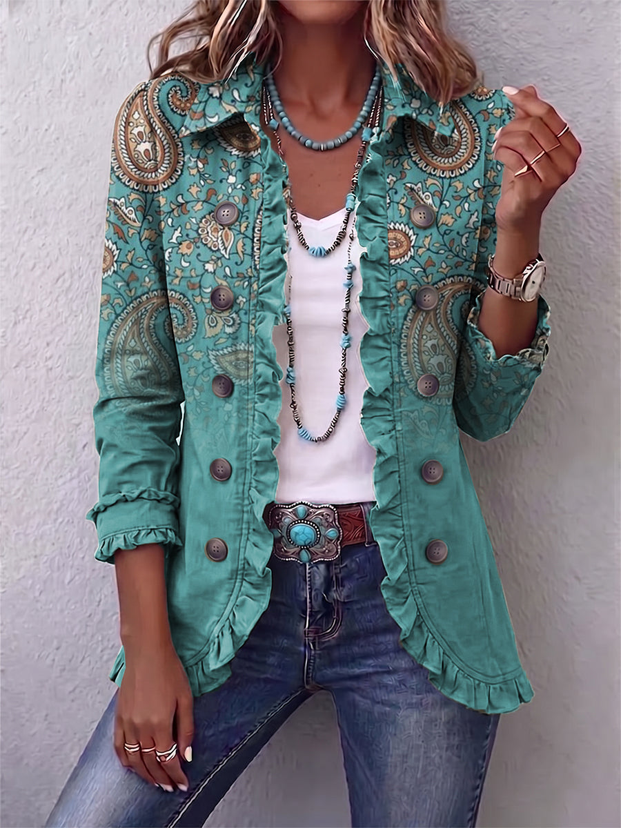 Vintage-style Paisley Gradient Print Ruffled Linen-cotton Jacket