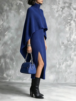 Chic Royal Blue Ribbed Knit Cape Set