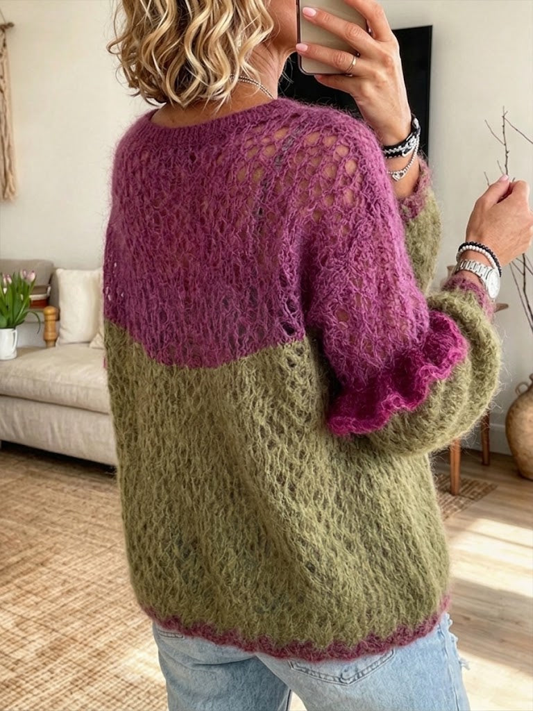 Maglione a maglia aperta in misto mohair con volant a blocchi di colore chic