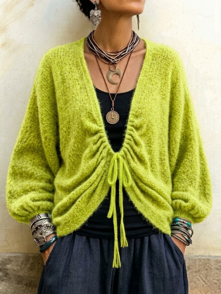 Strickjacke mit V-Ausschnitt und Kordelzug, gerüschten Laternenärmeln