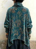 Top in velluto ampio da donna con stampa vintage a collo alto e maniche lunghe
