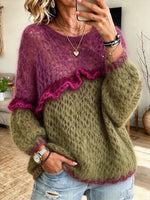Maglione a maglia aperta in misto mohair con volant a blocchi di colore chic