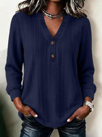 Textured Henley V-Neck Long Sleeve Blouse