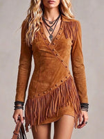 Lapel Asymmetric-button Suede Fringe Dress