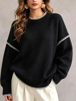 Contrast Stitching Crew Neck Drop‑shoulder Oversized Knit Sweater
