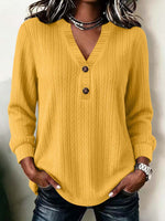 Textured Henley V-Neck Long Sleeve Blouse