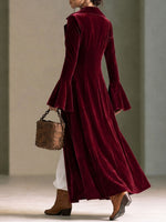 Burgundy Velvet Longline Button-front Duster Coat
