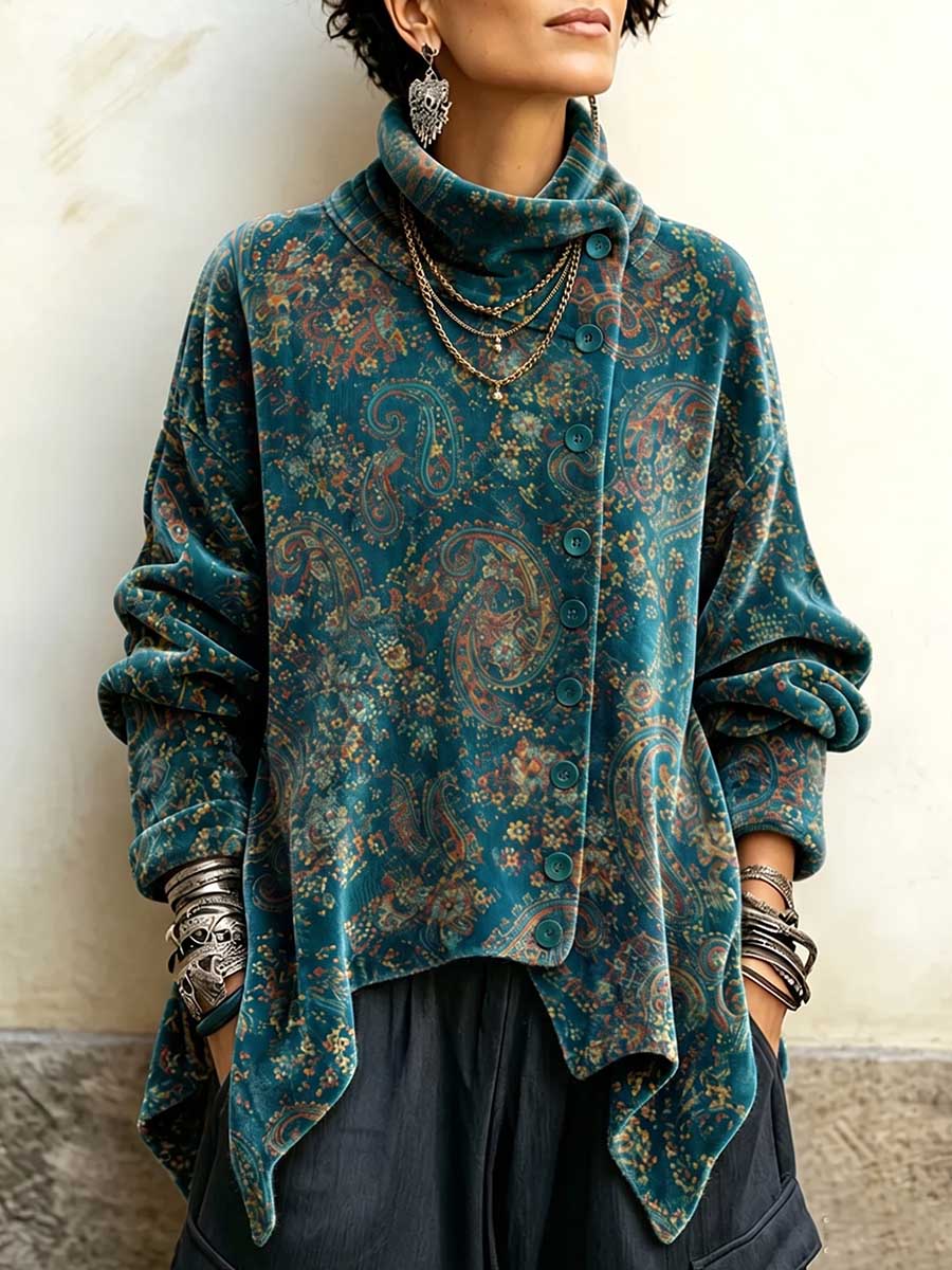 Top in velluto ampio da donna con stampa vintage a collo alto e maniche lunghe