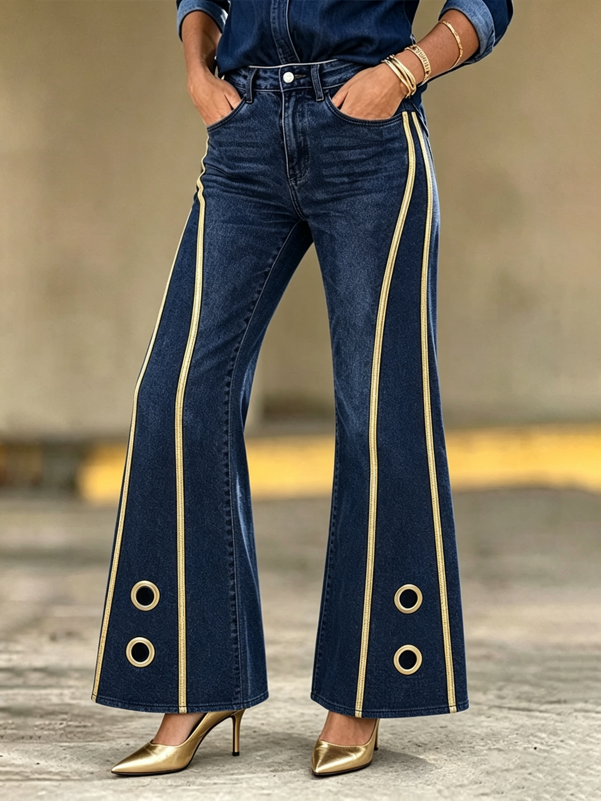 Retro-chic Stretch Denim Flare Jeans With Metallic Gold Accents