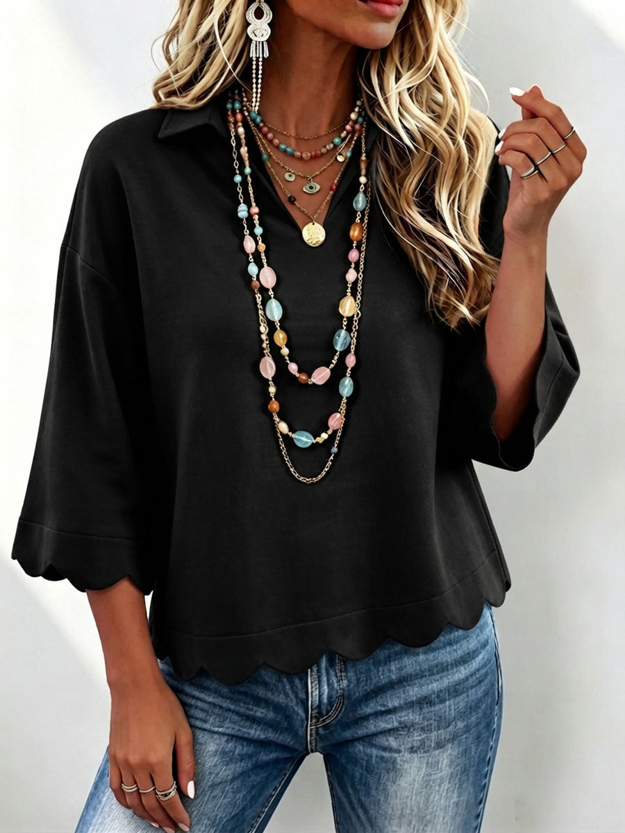 Elegant Collared Top With Wavy Hem