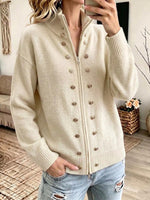 Women's Solid Color Stand-collar Long-sleeve Loose-fit Button-front Knit Cardigan