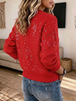 Cardigan in maglia abbottonata con paillettes rosse con scollo a V da donna