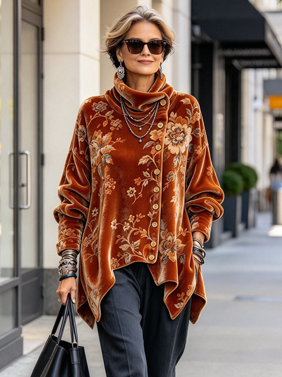 Top de terciopelo asimétrico con estampado floral elegante