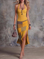 Women's Round Neck Sleeveless Camisole Dress With Knitted Patchwork Retro Print
