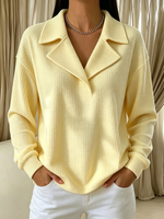 Chic Fall Casual Cozy Yellow Waffle Knit Collared Pullover Top