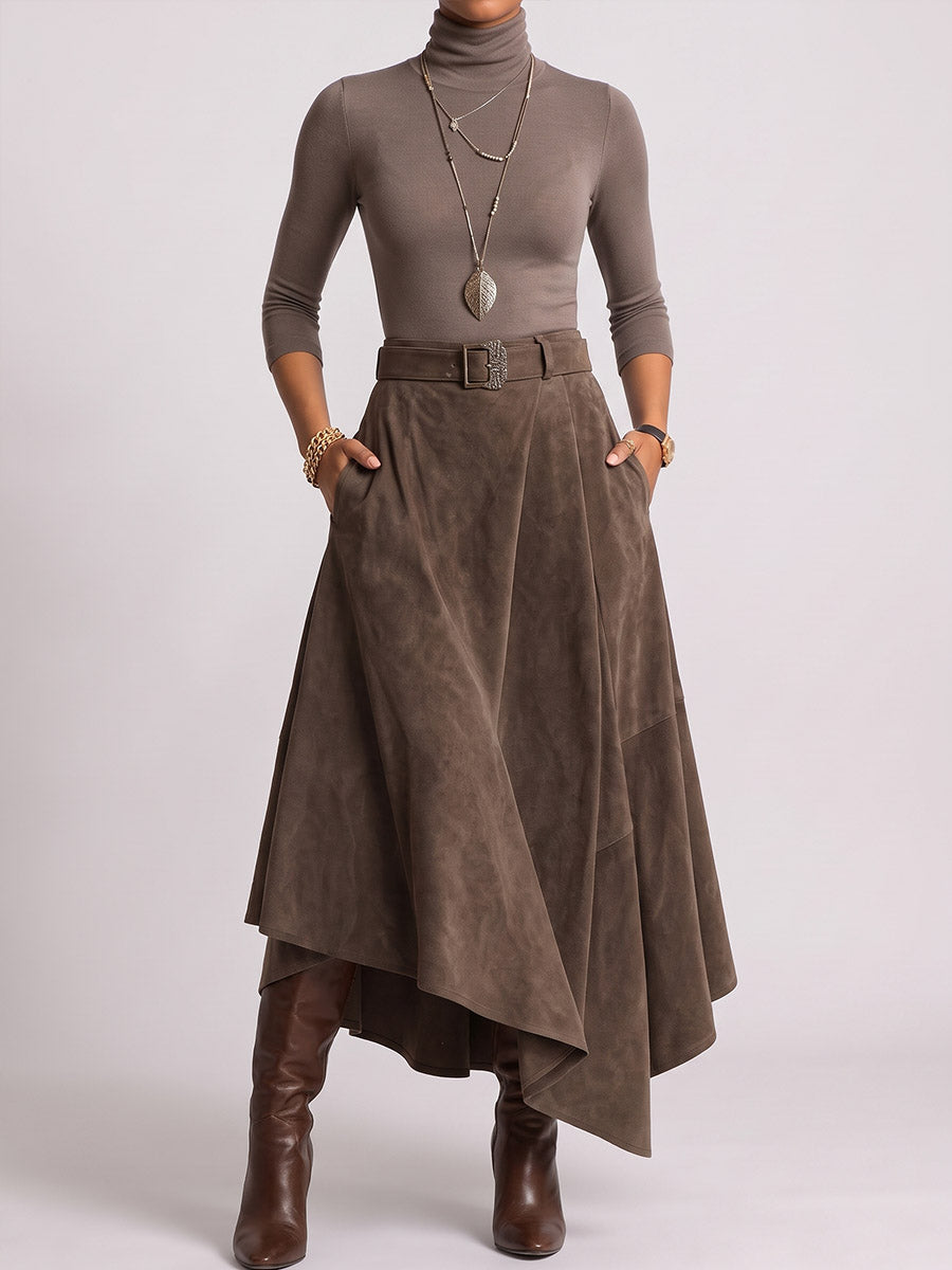 Women's 2-piece Set: Solid-color Stand-collar Long-sleeve Loose Base Layer Top & High-waisted Loose Faux Suede A-line Skirt With Asymmetrical Hem