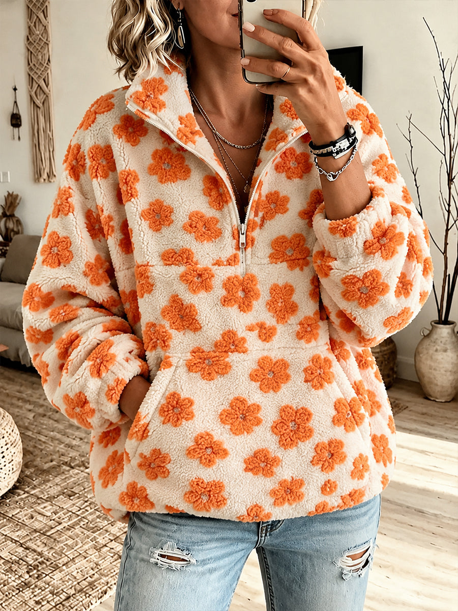 Lässiges, florales Fleece-Sweatshirt mit halbem Reißverschluss