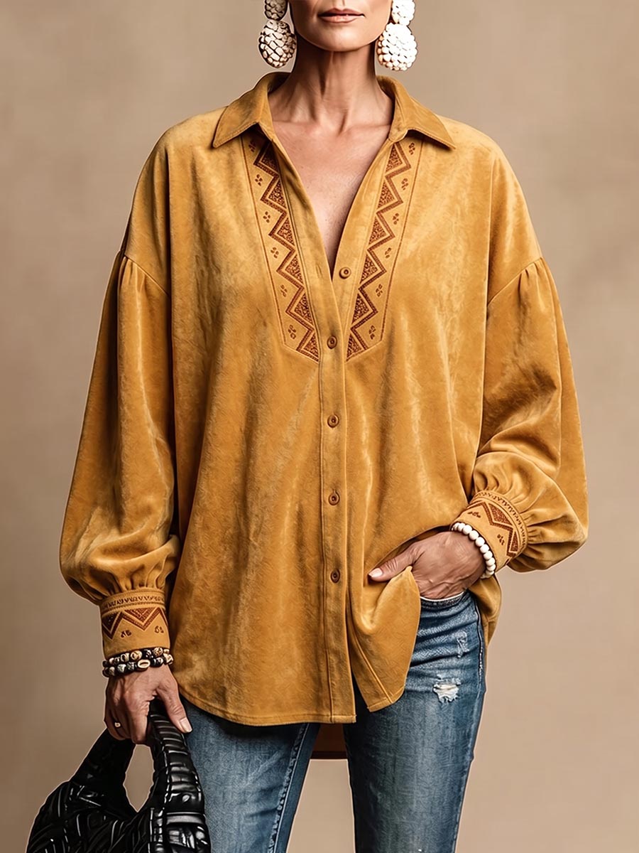 Women's Long-sleeved Collared Faux Suede Shirt With Embroidered Details.