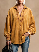 Women's Long-sleeved Collared Faux Suede Shirt With Embroidered Details.