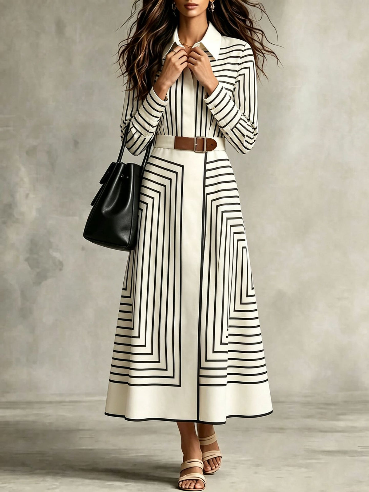 Elegante vestido camisero midi con botones y rayas geométricas con lazo en la cintura