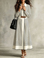 Elegante vestido camisero midi con botones y rayas geométricas con lazo en la cintura