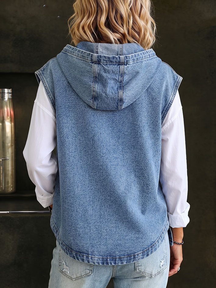 Top streetwear a strati con gilet in denim casual con cappuccio