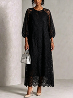 Round‑neck Raglan Lantern‑sleeve Lace Maxi Dress