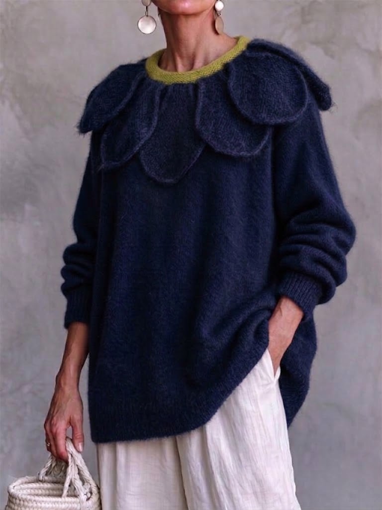 Jersey oversize de punto con motivo floral grande y cuello en contraste