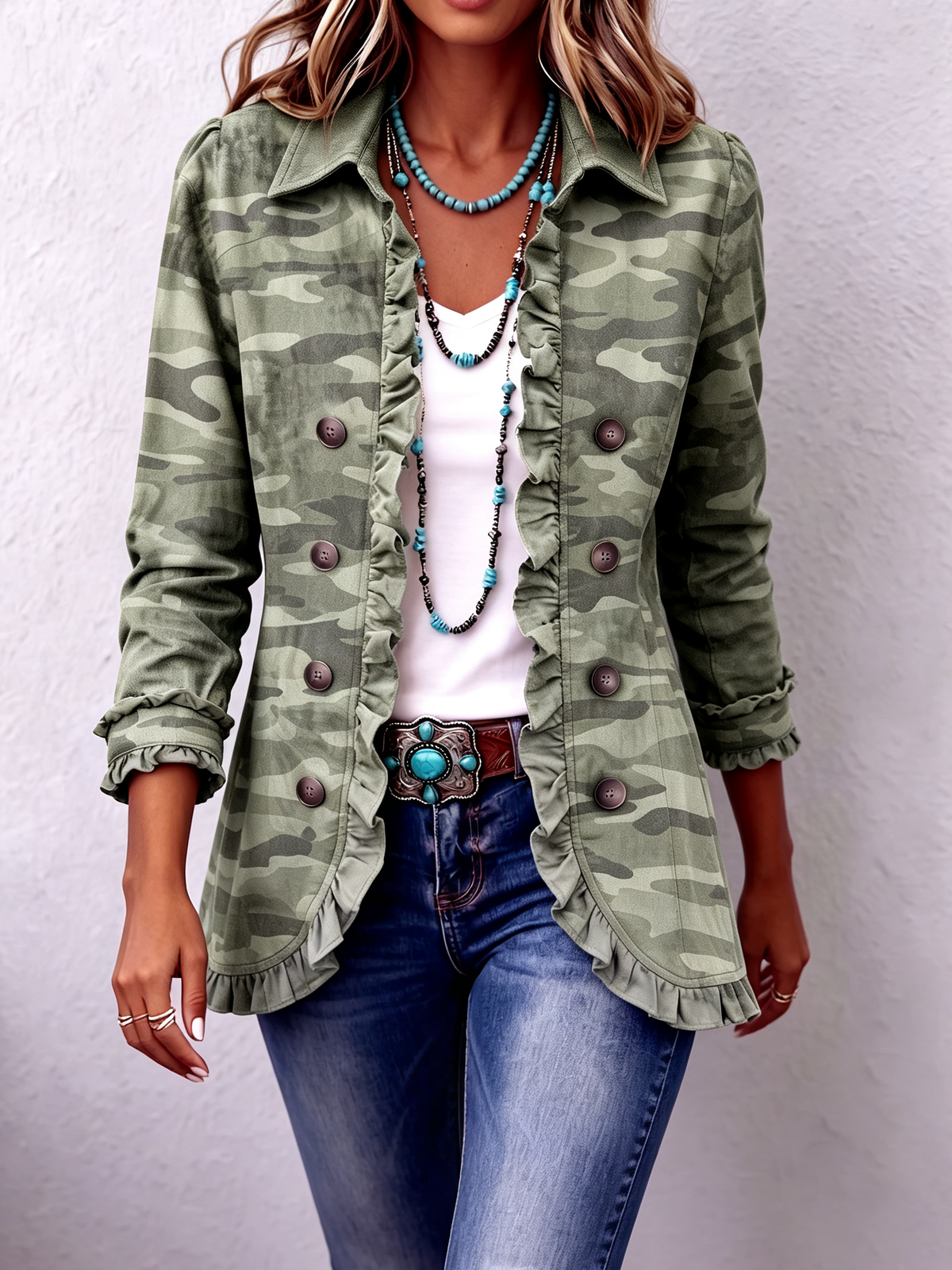 Casual Chic Camouflage Ruffle Trim Jacket