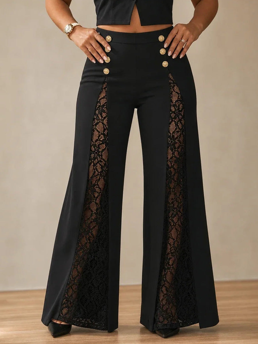 Pantaloni eleganti a gamba larga in pizzo trasparente