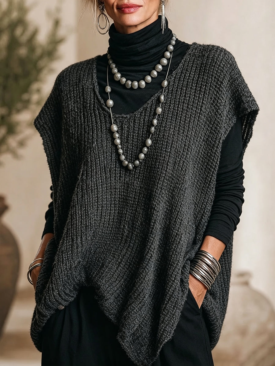 Bohemian Turtleneck Knit Top And Knit Vest Two-piece Set