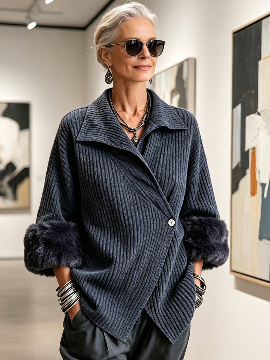 Cozy Ribbed Fur-trimmed Knitted Cardigan