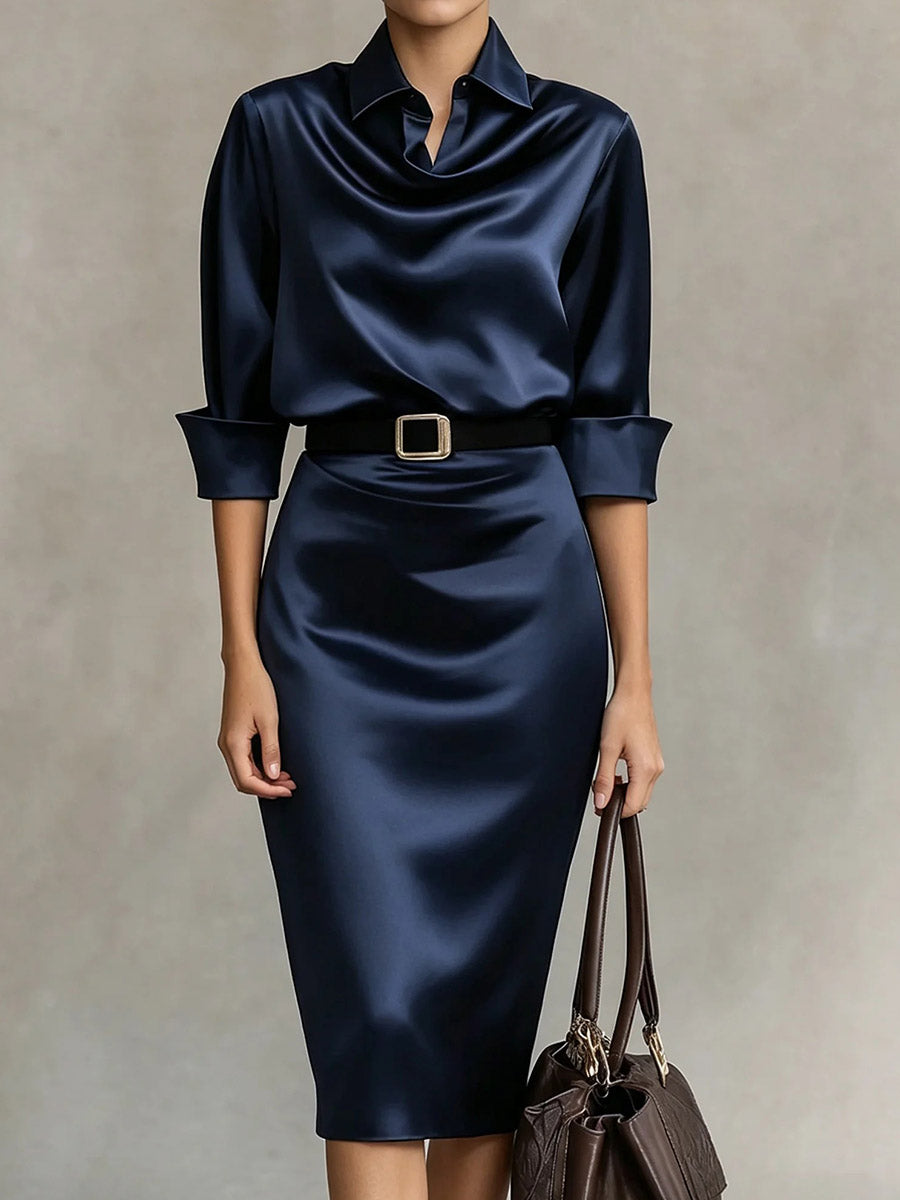 Women's Solid Color Satin Dress – Shirt Collar 3/4 Sleeves Casual Loose Fit