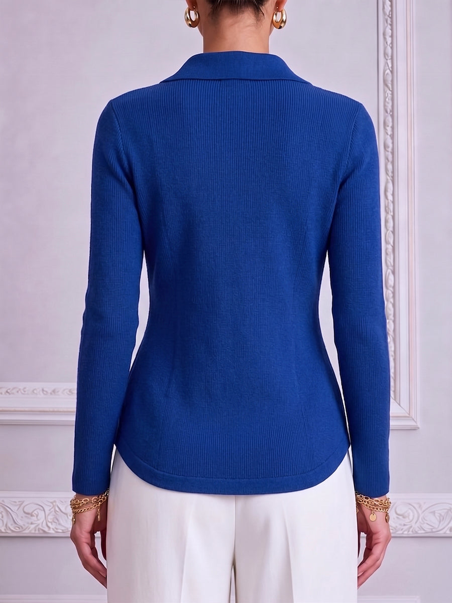 Elegant Royal Blue Gold-Button Knit Cardigan
