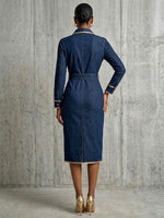 Exquisite And Elegant Denim Shirt Dress With Gold Piping.