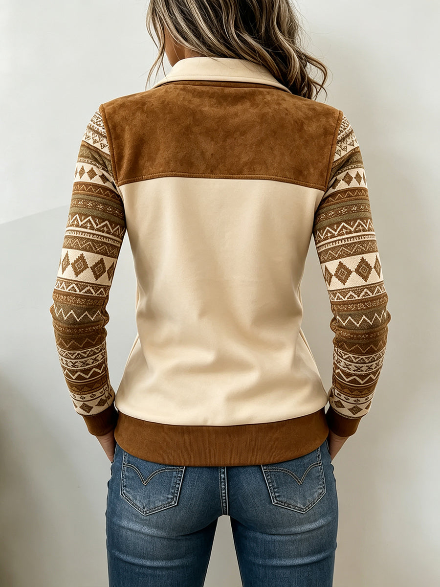 Western-style Faux Suede Panelled Geometric Print Half-zip Sweatshirt