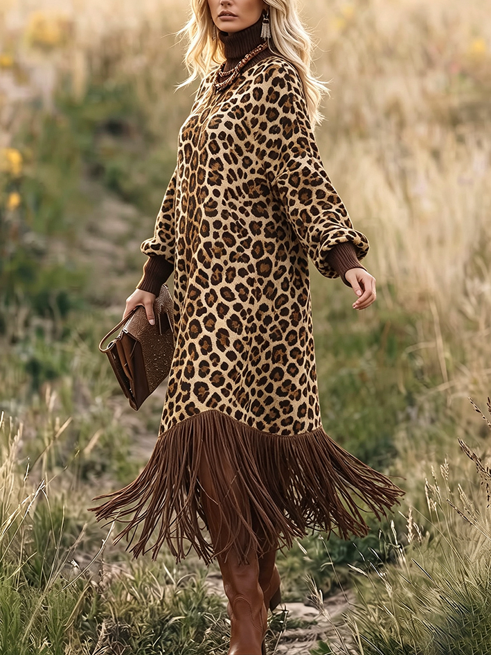Boho Chic Wild Leopard Fringe Dress
