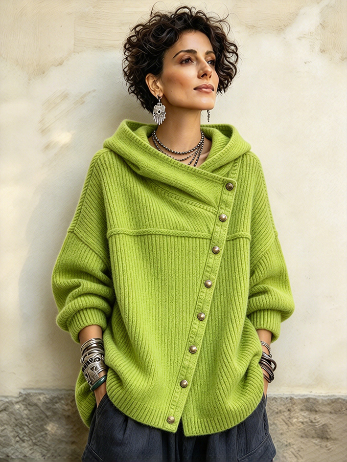 Ŝika Oversized Ribbed Asimetria Butona Kapuĉa Svetero