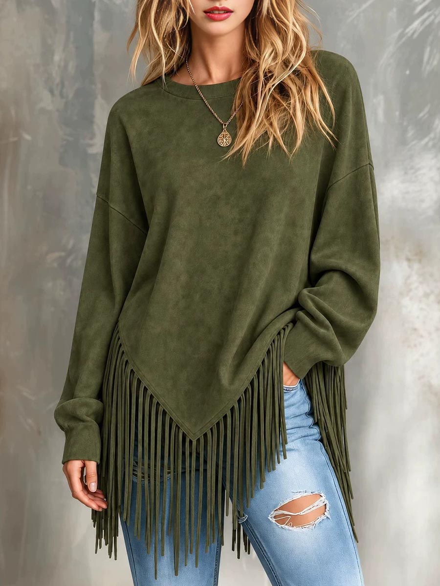 Top da donna con nappe casual allentate a maniche lunghe girocollo in tinta unita