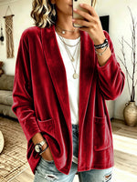 Cozy Velvet Open-Front Pocket Cardigan